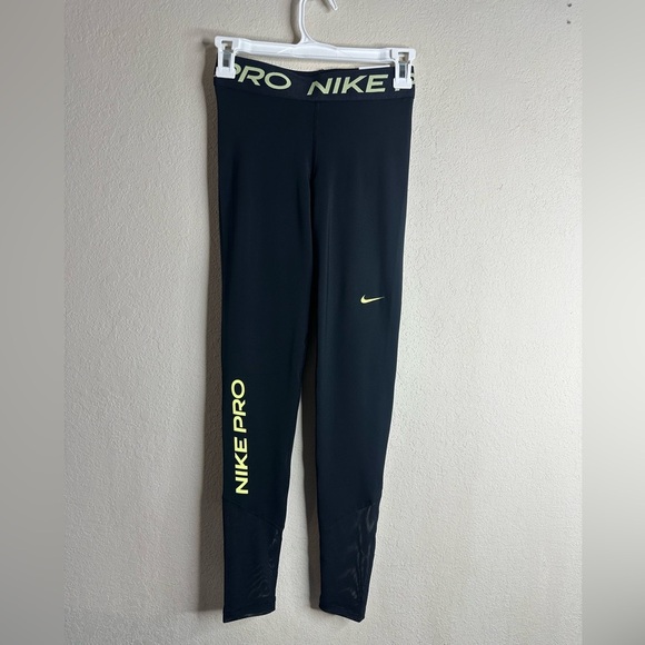 Nike Pro Mid-rise Full-length Leggings black/neon yellow size Extra small - Picture 3 of 7